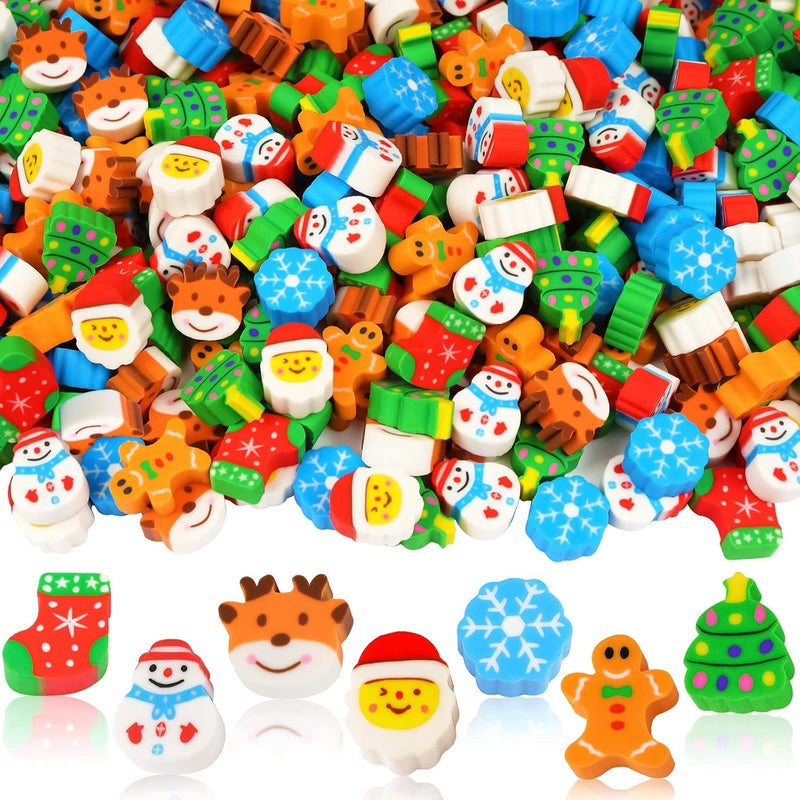 HFATMOS 240 PCS Christmas Mini Erasers Bulk Cute Eraser Novelty Pencil Erasers Santa Snowman Stocking Eraser for Christmas Party Favor Gifts Home School Work Rewards - Image 1